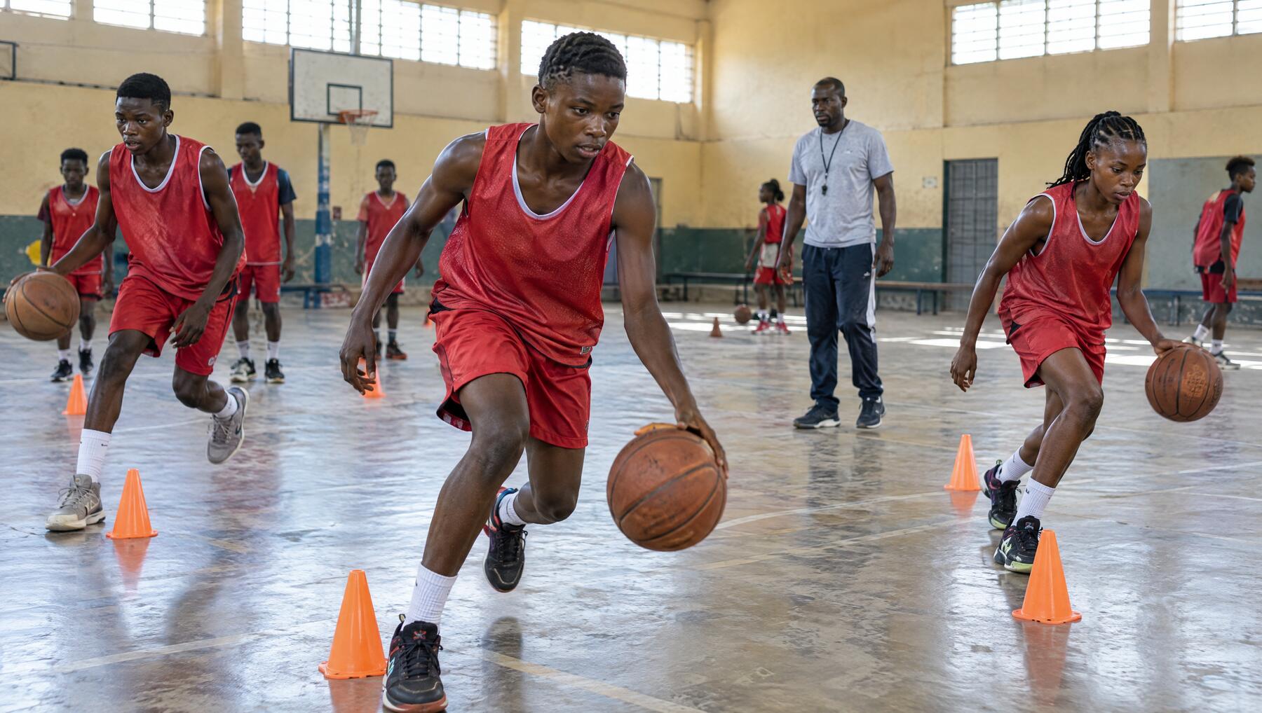 Jeunes basketteurs à l'entraînement dans un gymnase