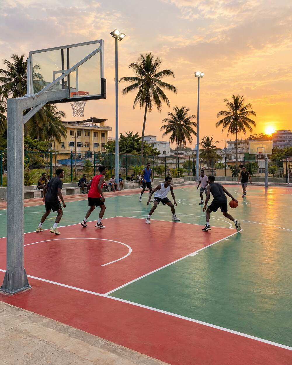Terrain de basketball extérieur neuf au coucher du soleil