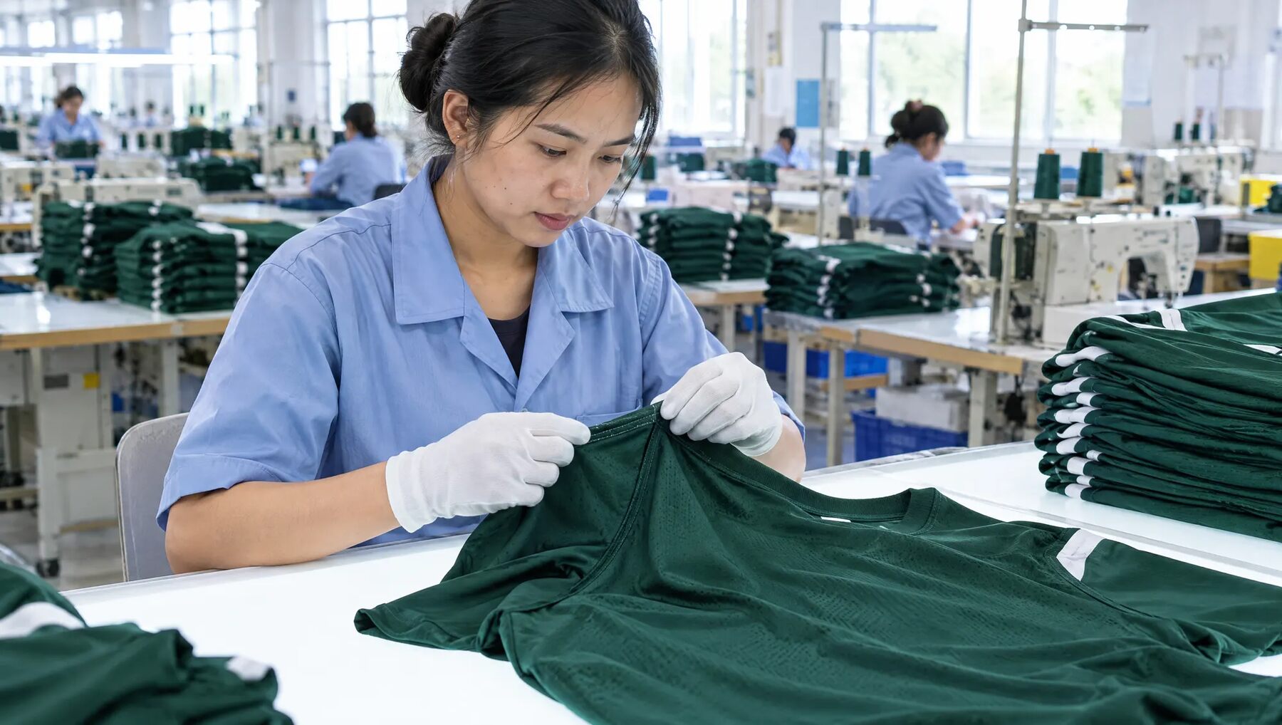 Contrôle qualité d'un maillot vert dans un atelier