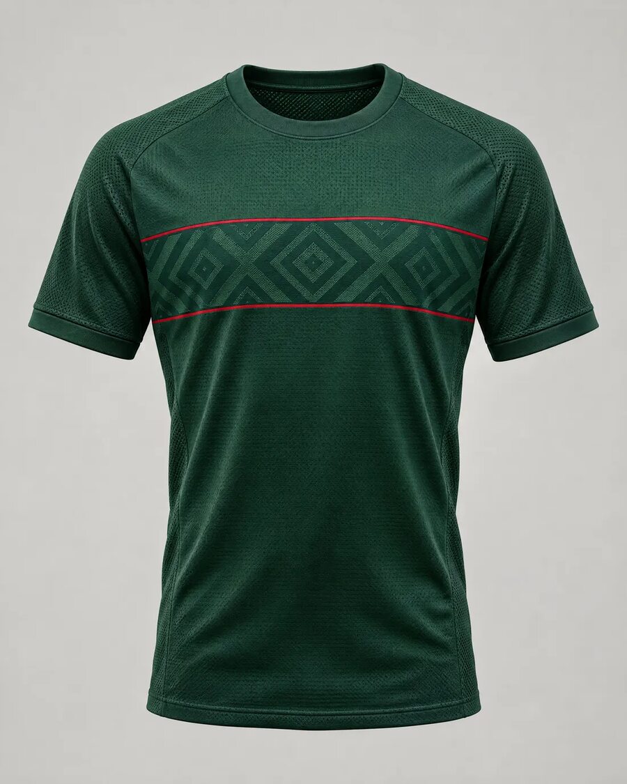 Maillot domicile vert, bande de motifs en losanges