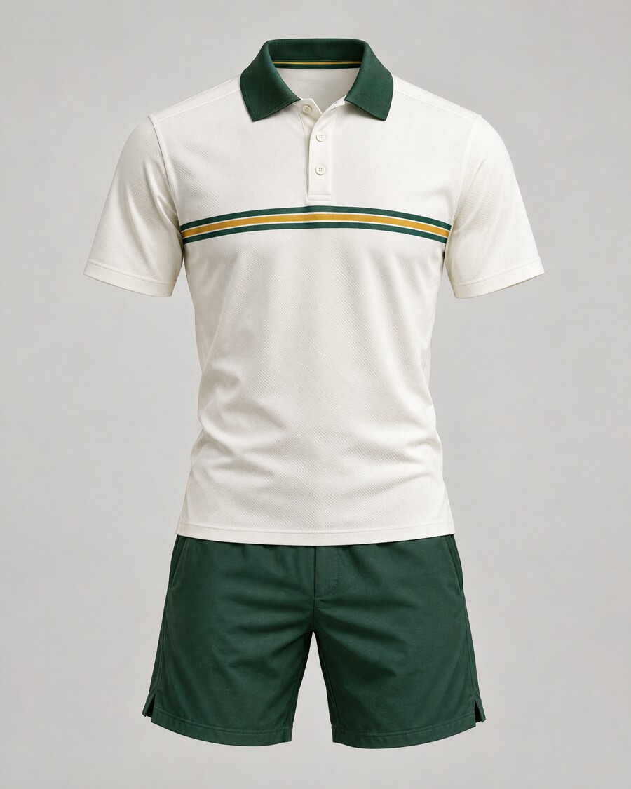 Tenue de tennis : polo écru à col vert et short vert