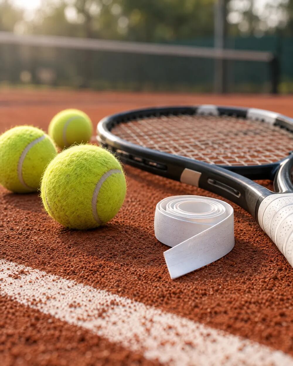 Balles de tennis, grip et raquette sur terre battue